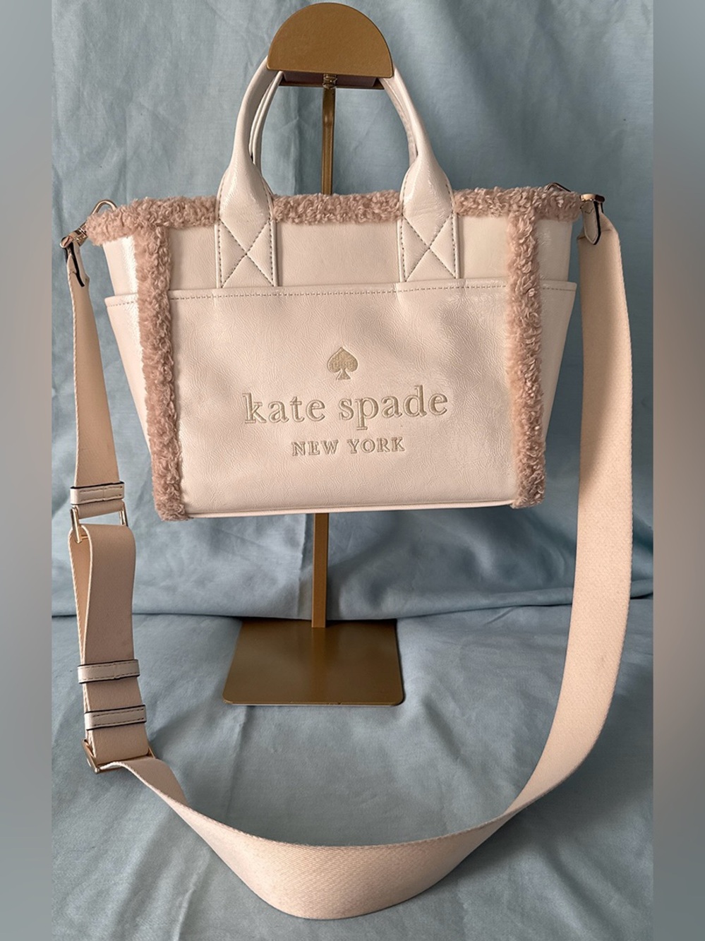 Kate Spade Jett Faux Shearling Trim Tote in Meringue or Cream Color